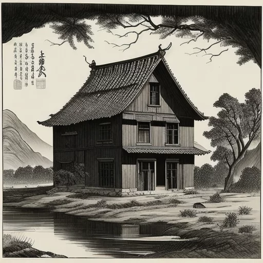 4610469259-an old house in rural, with a small river in front of it, Chinese Ink Painting, 8k.webp